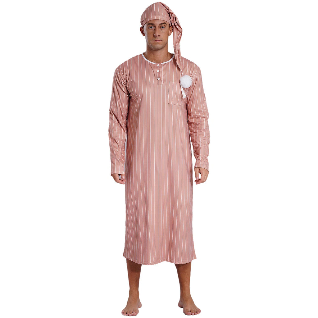 Mens Nightwear Halloween Nightgowns Plaid Pajamas Pompom Loungewear Nightshirt