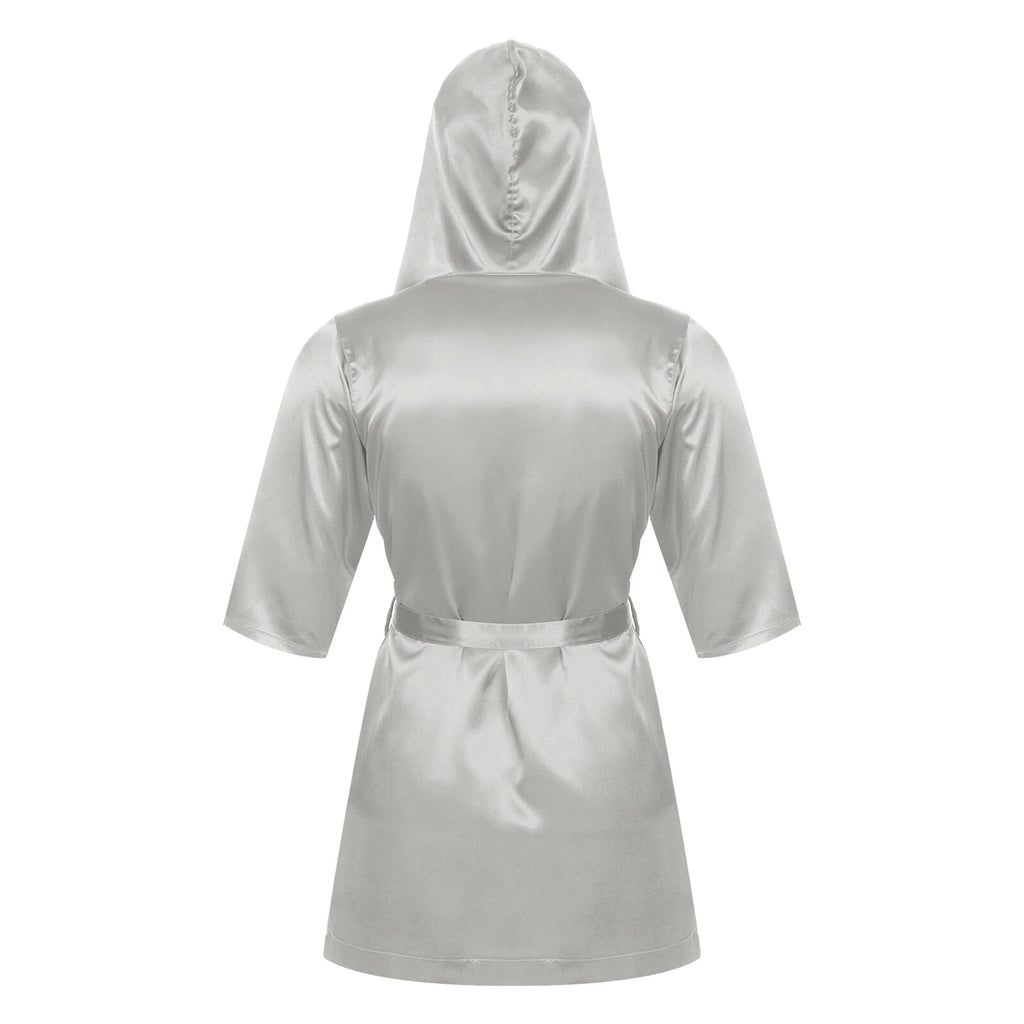 Men's Hooded Robe Set Silk Satin Night Gown Bathrobe Pajama Hot Pants Underwear