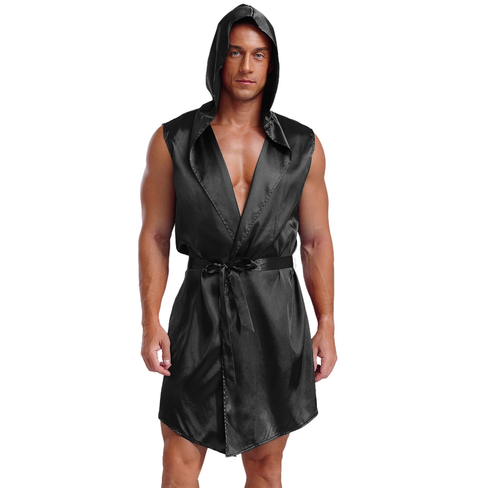 Men's Satiny Pajama Robe Set Sleeveless Silk Hooded Bathrobe with Belt Sleepwear