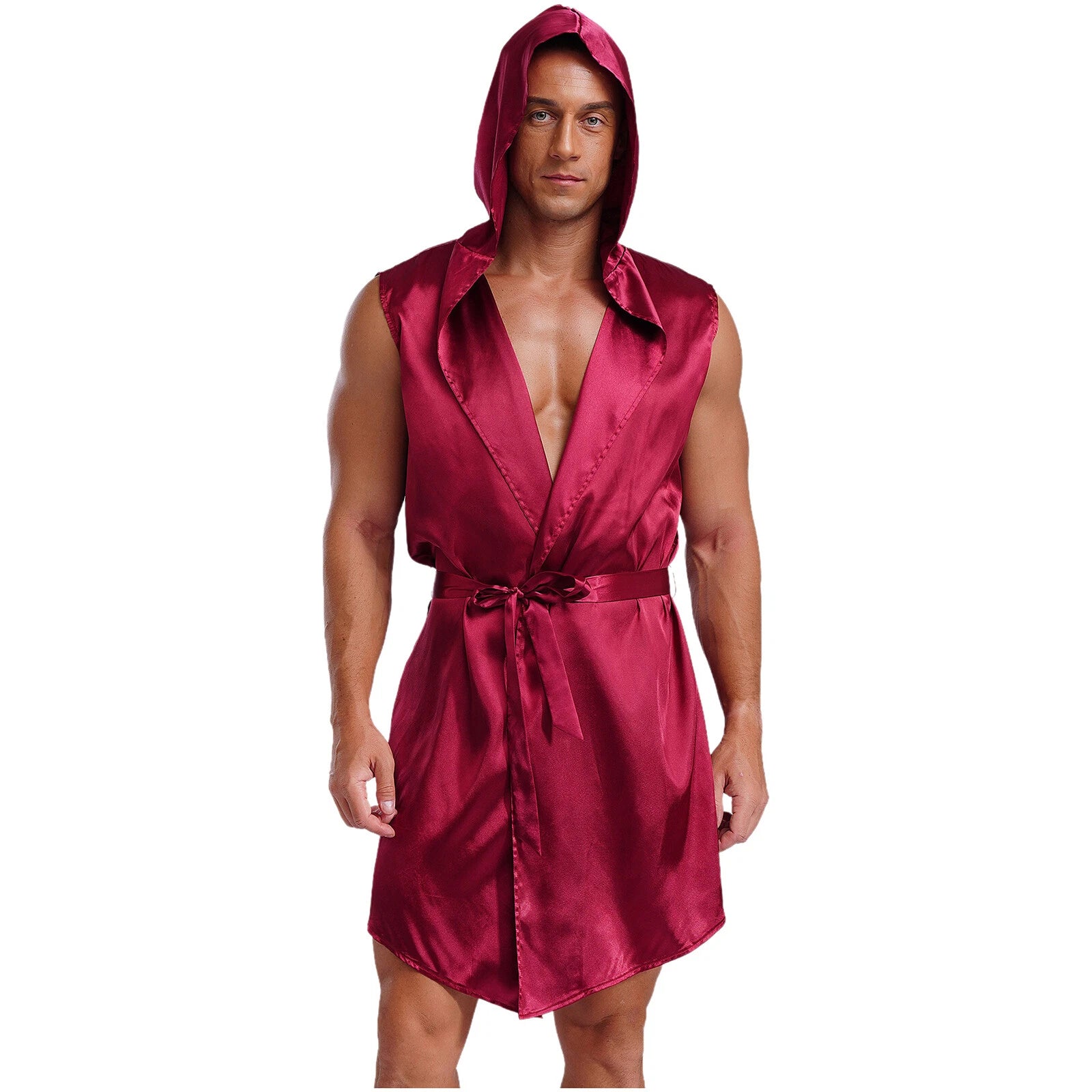 Men's Satiny Pajama Robe Set Sleeveless Silk Hooded Bathrobe with Belt Sleepwear