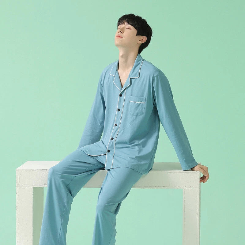Men's Homewear Pajama Set Pure Color Soft Comfort Antibacterial Long Sleeve