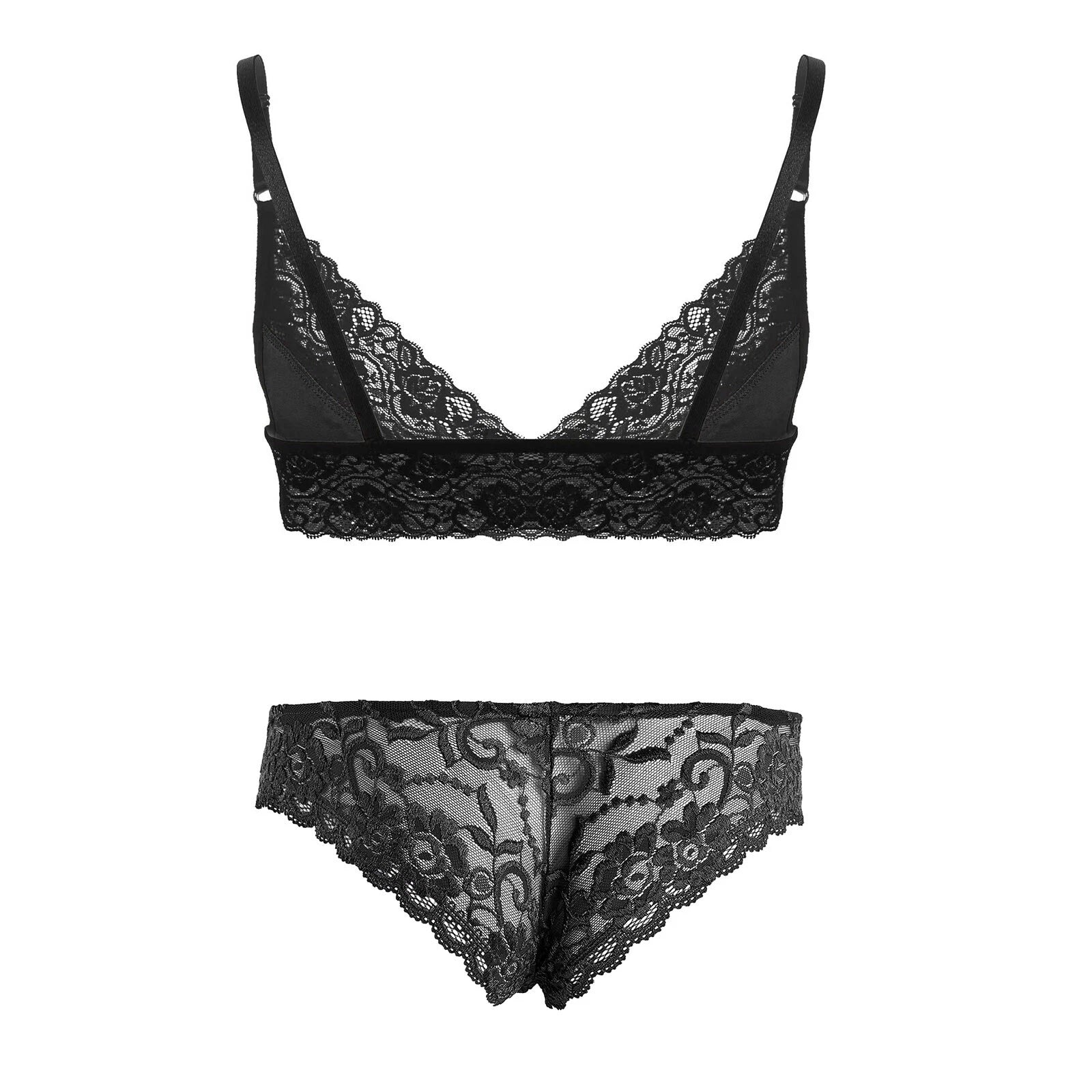 Men Ruffled Lingerie Set Cami Straps Bandeau Bra Thong 2Pcs Crossdresser Pajamas