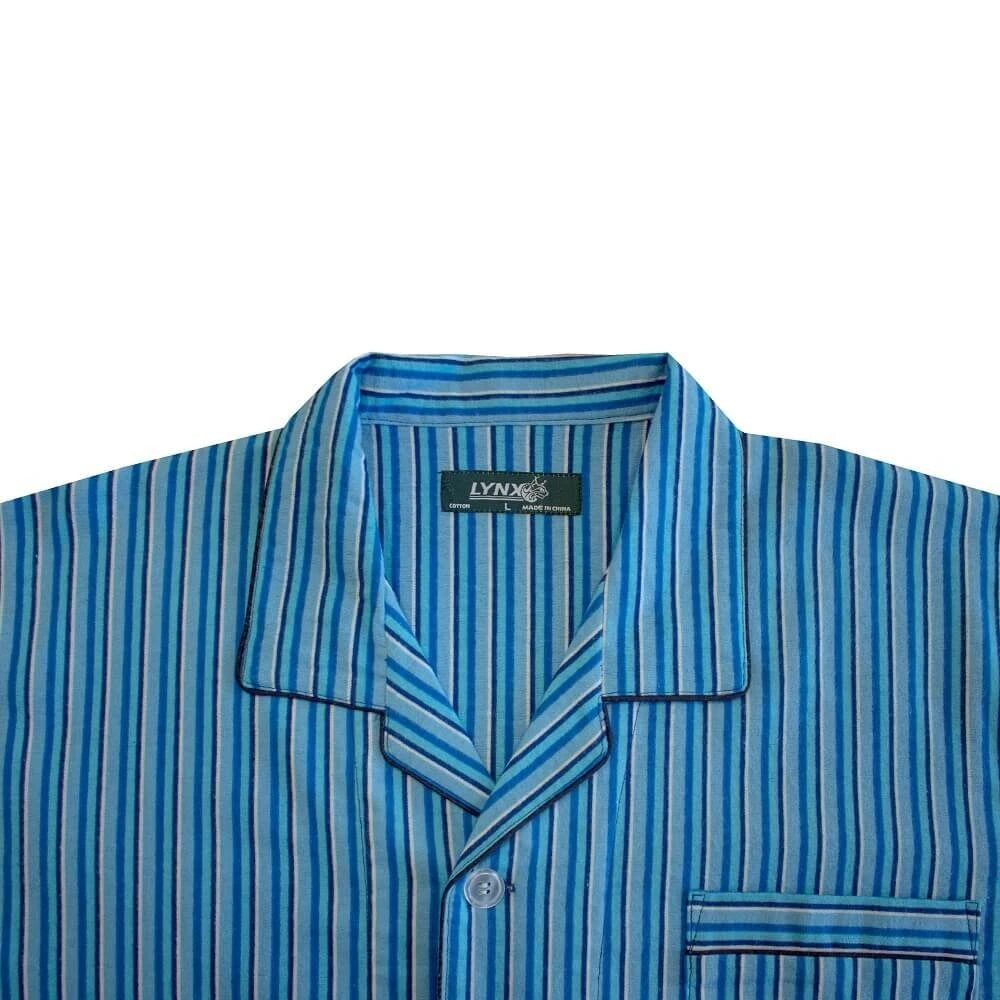 Mens Lynx Sizes S-7XL Blue Stripe Cotton Flannel Long Sleeve Pyjama Set Pjs
