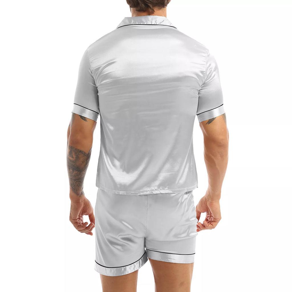 Men's Silky Satin Pajamas Set Short Sleeves Button T-Shirt Tops with Shorts
