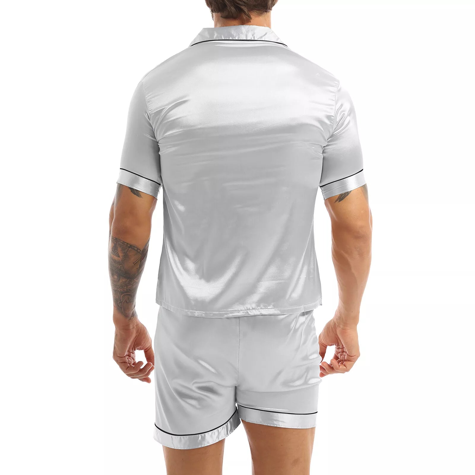 Men's Silky Satin Pajamas Set Short Sleeves Button T-Shirt Tops with Shorts