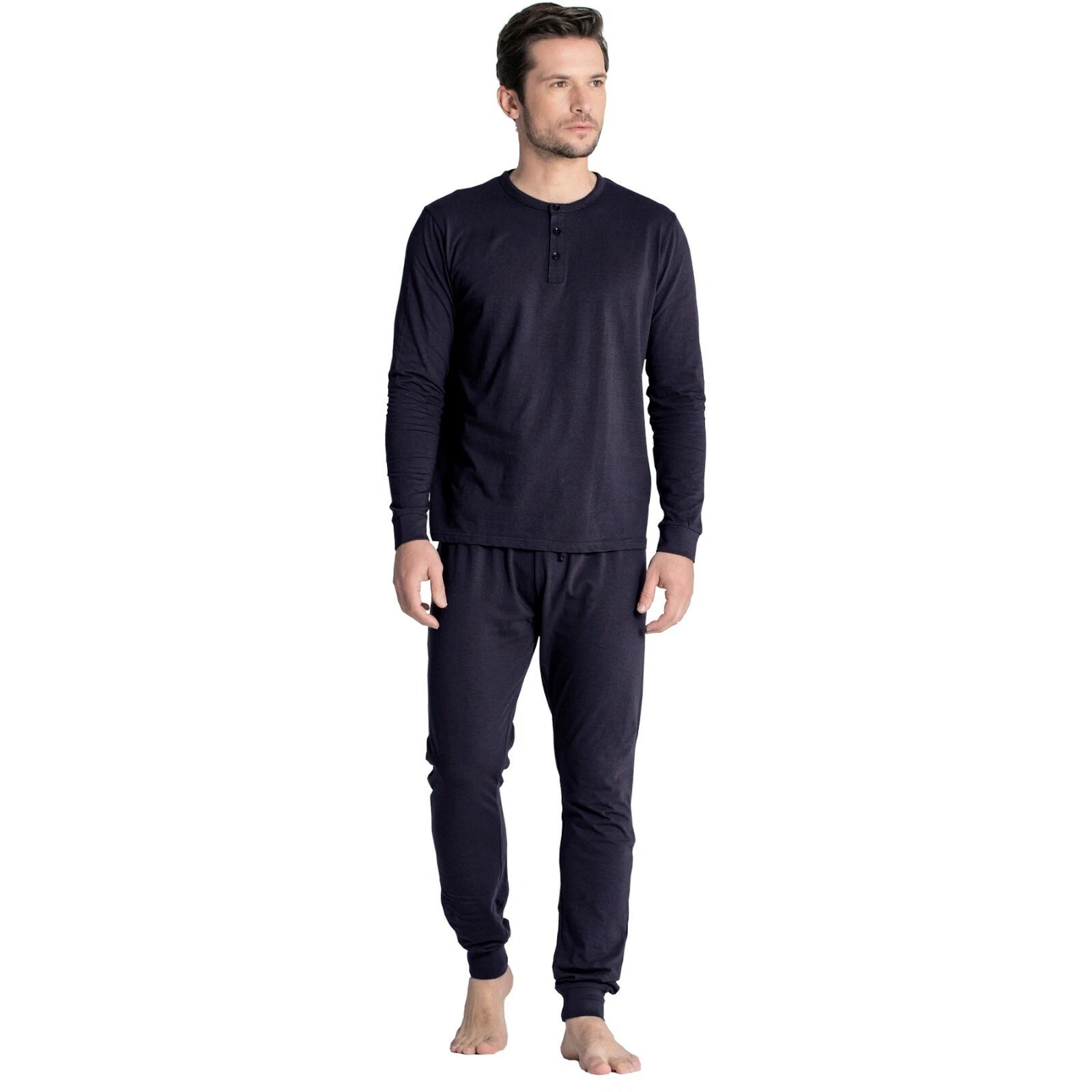 Mens Henley Tops Pyjamas Sets PJ's Nightwear Loungewear Button Up Long Sleeve