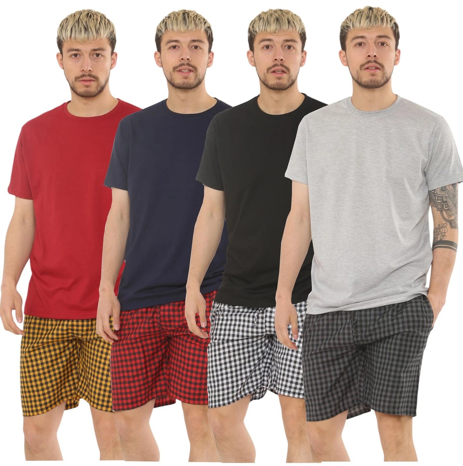 Mens Check Cotton Pyjama Set T-Shirt Woven Shorts Lounge Sleepwear Nightwear Set