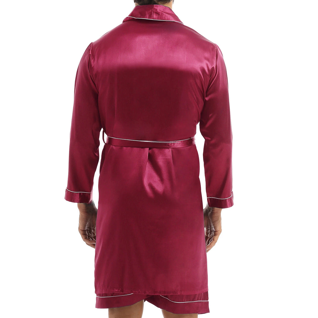 Men Silk Satin Pajamas Set Shirt Top Shorts Pants Long Robe Sleepwear Nightwear