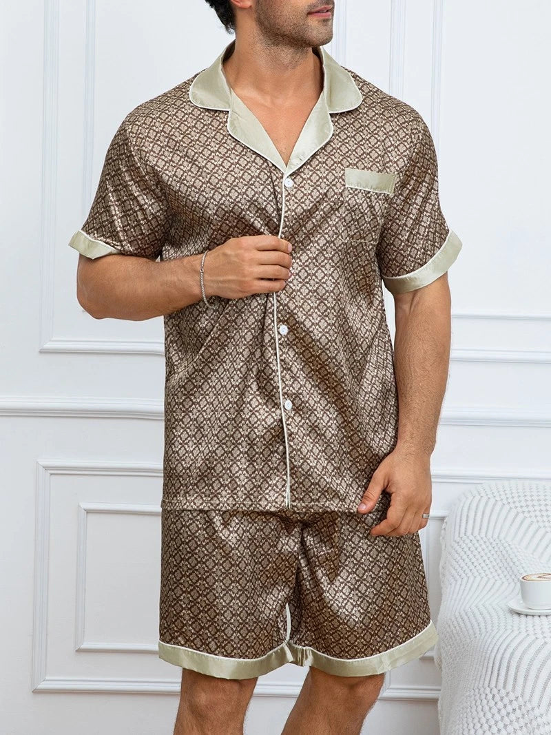 Mens Silk Satin Pyjamas Set Nightwear Pyjama Top & Bottoms Loungewear Sleepwear