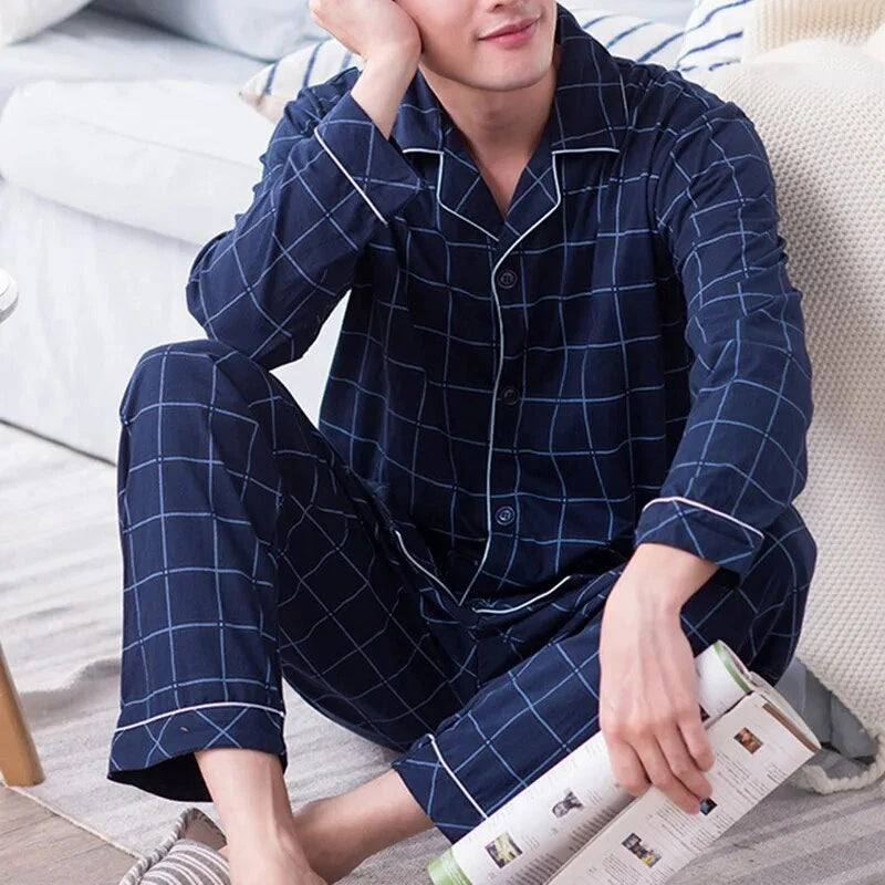 Men's Pajama Sets Simple Sleepwear Long Sleeve Cotton Top Pant Leisure Outwear