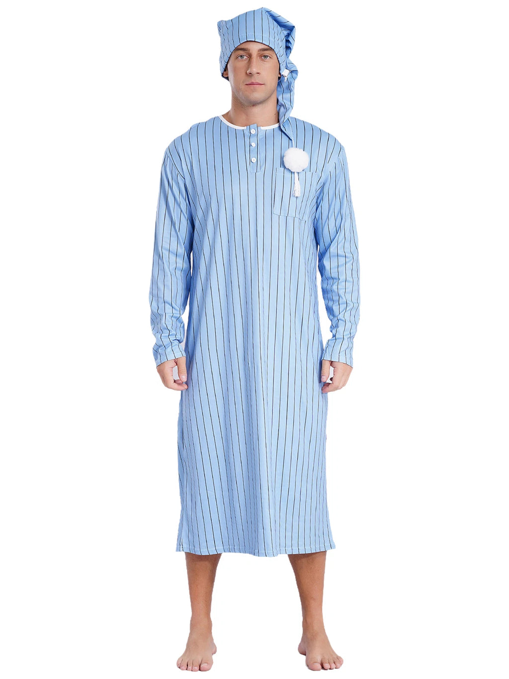 Mens Pyjama Set Nightdress Sleep Shirt Long Robe + Cotton Sleep Cap Night-
