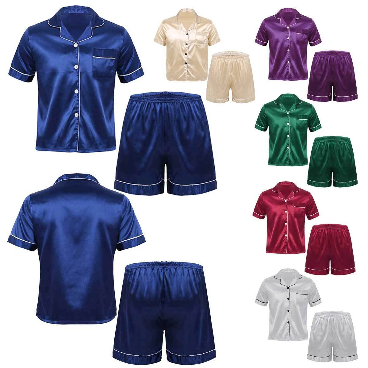 Men's Silky Satin Pajamas Set Short Sleeves Button T-Shirt Tops with Shorts