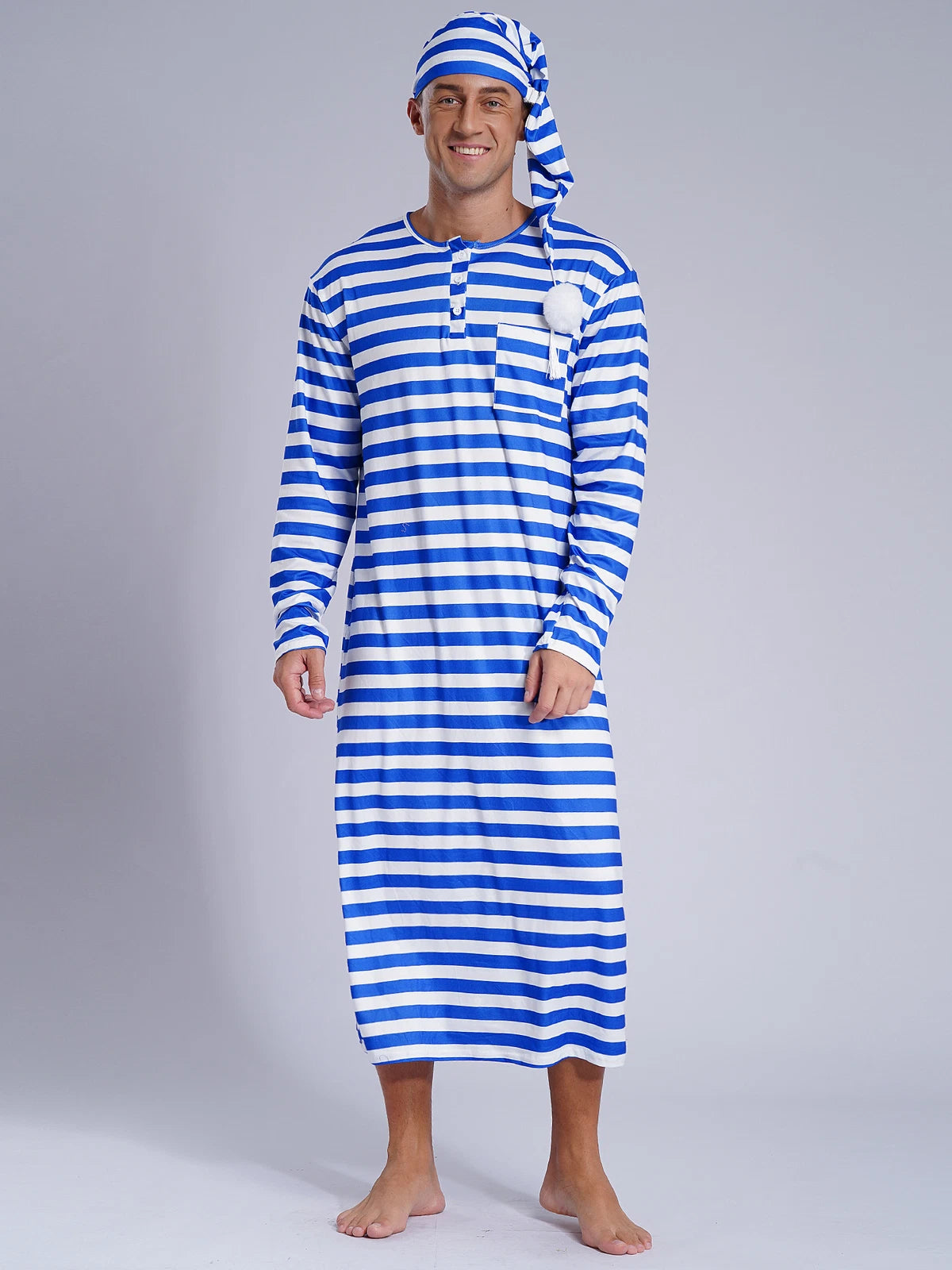Men's Pajamas Set Long Sleeve Striped Robe Round Neck Loose Sleepwear with Hat