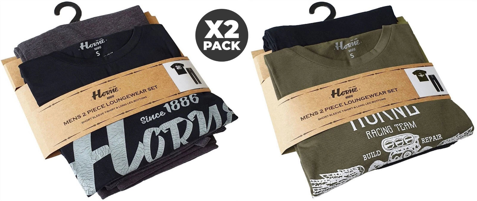Mens Pyjamas 2 x Sets Black & Green Horne 1886 Ex Store Brand New Packed