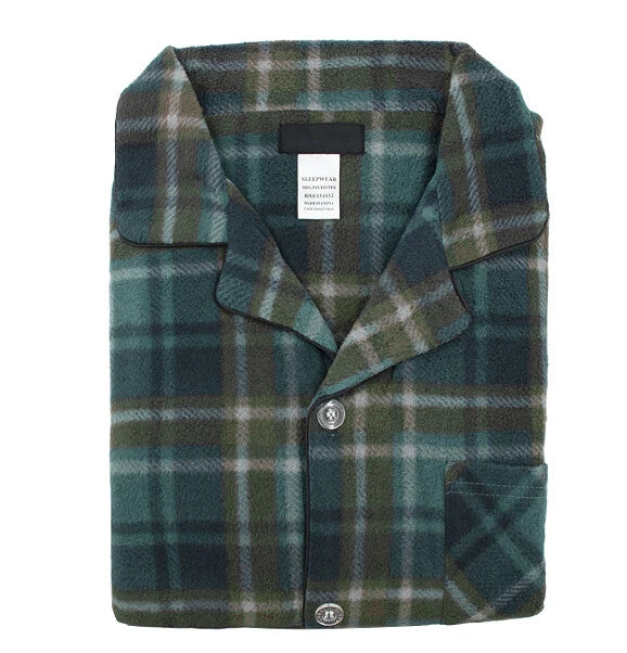 Men's Plaid Fleece 2 Piece Sleep Button Up Drawstring Waist Classic Pajama Set