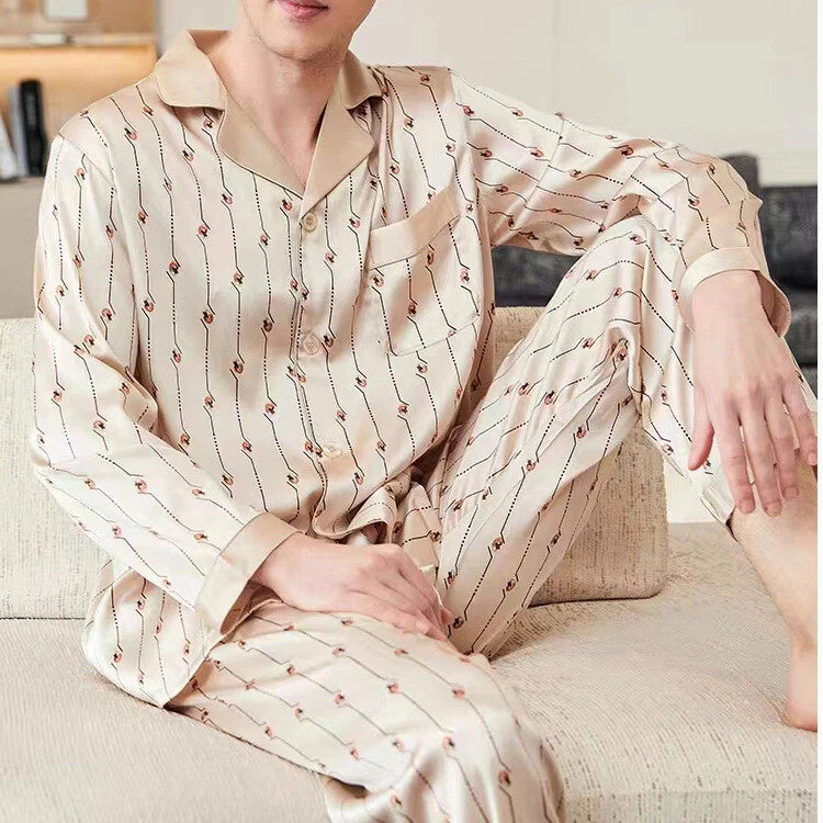 Men's 19MM 100% Pure Mulberry Silk Pajamas Set Long Sleeves Silk Sleepwear S~3XL