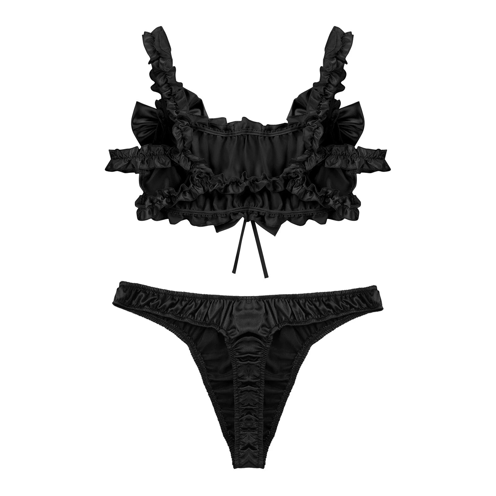 Men Ruffled Lingerie Set Cami Straps Bandeau Bra Thong 2Pcs Crossdresser Pajamas