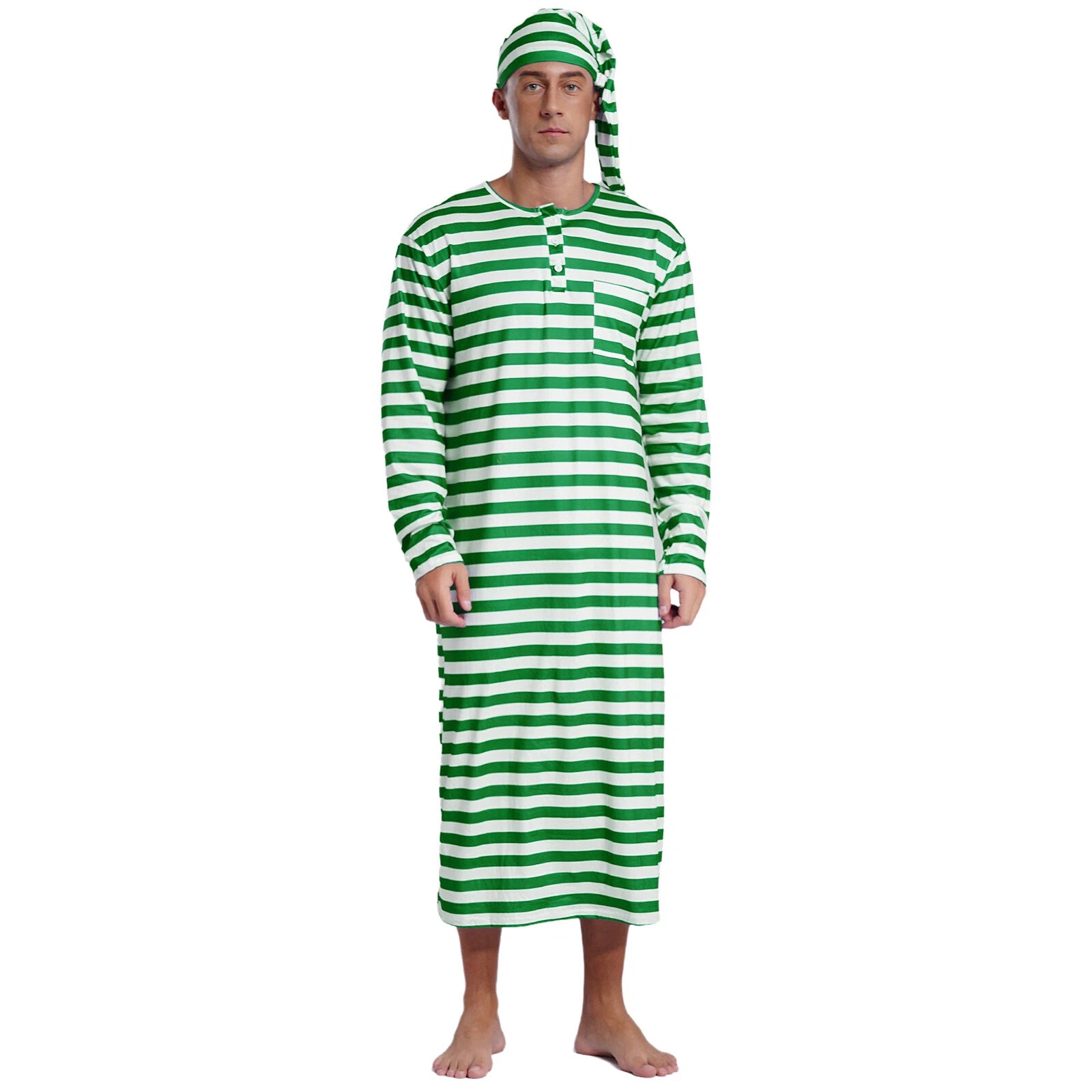 Men's Pajamas Set Long Sleeve Striped Robe Round Neck Loose Sleepwear with Hat