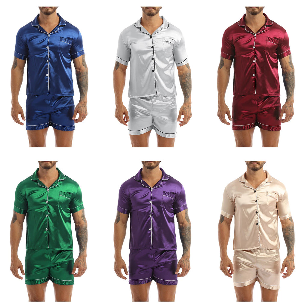 Men Silk Satin Pajamas Set Shirt Top Shorts Pants Long Robe Sleepwear Nightwear