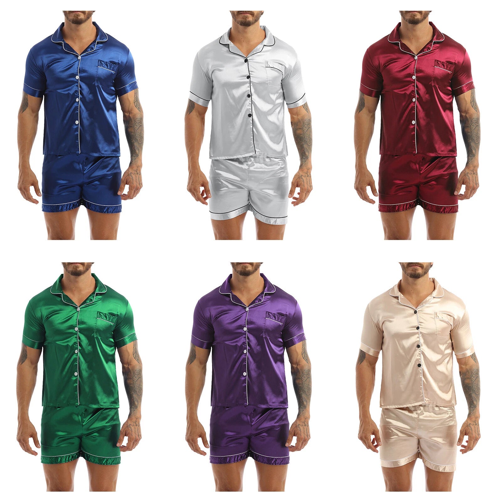 Men Silk Satin Pajamas Set Shirt Top Shorts Pants Long Robe Sleepwear Nightwear