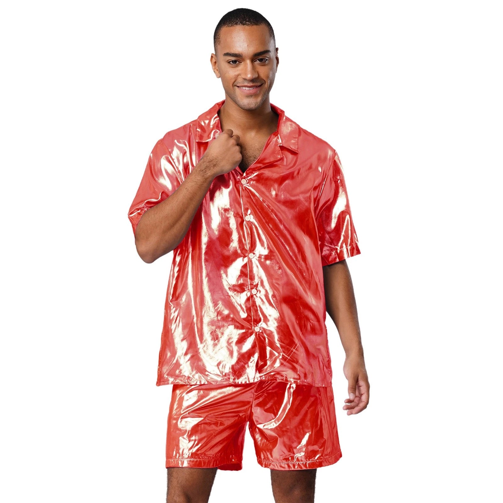 Men Shiny Glossy See-Through Metallic Chiffon Jumpsuit Bodysuit /Pajama Set
