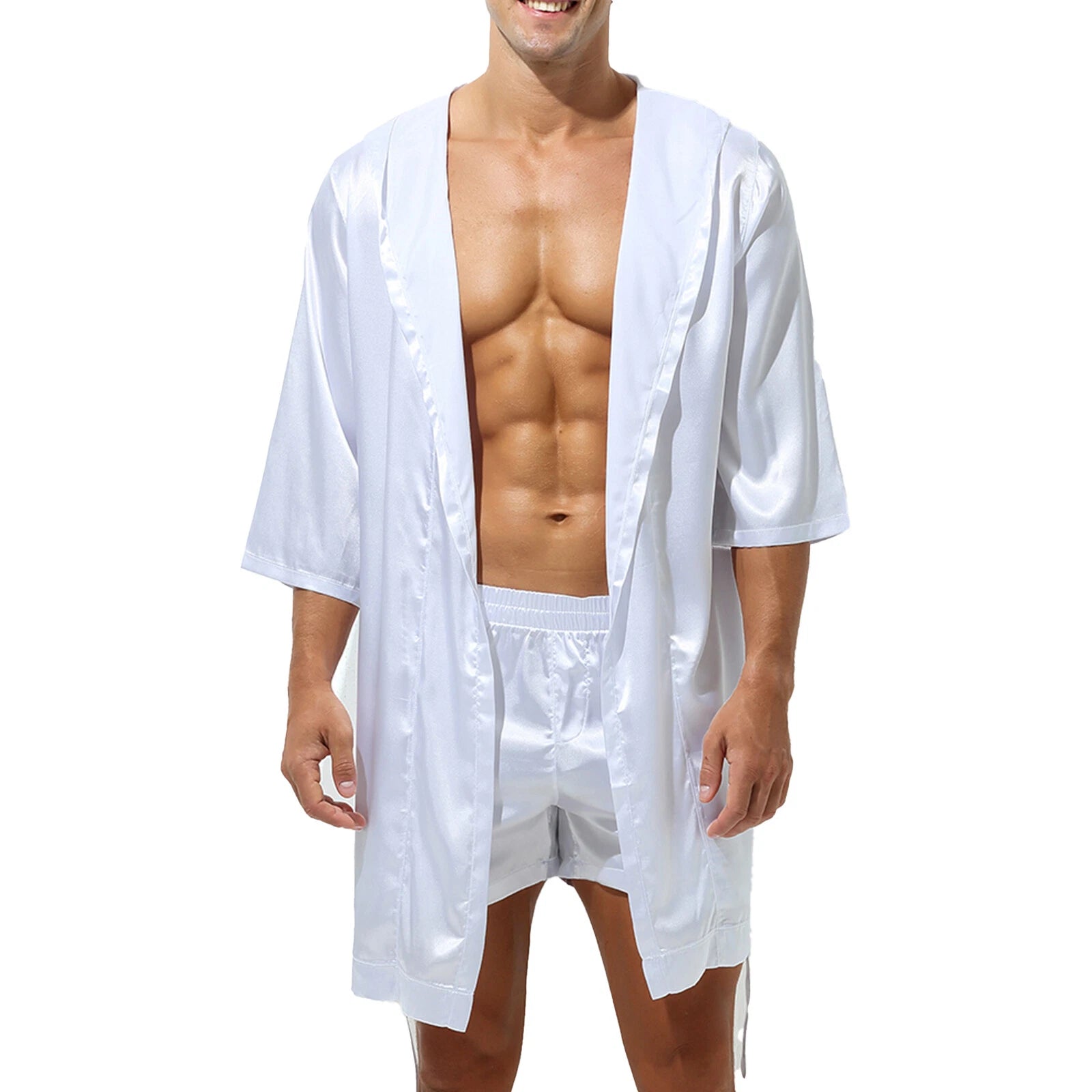Men's Hooded Robe Set Silk Satin Night Gown Bathrobe Pajama Hot Pants Underwear