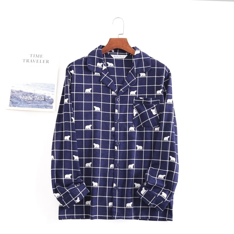 Men's Pajamas Set 100% Cotton Sleepwear Long Sleeve Button Top Pants Nightwear