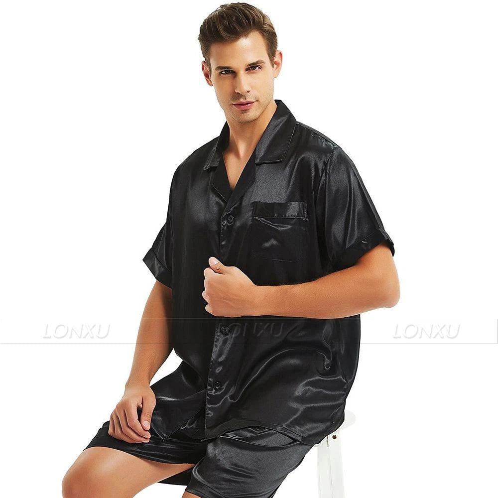 Mens Silk Satin Pajamas Set Short Sleeve+Short Pants Set Sleepwear Loungewear