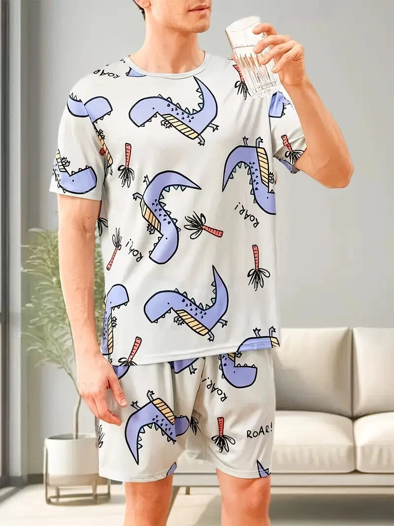 New Men's Dinosaur Pajama Set Short Sleeve & Shorts Comfy Soft- Size M to XXL -
