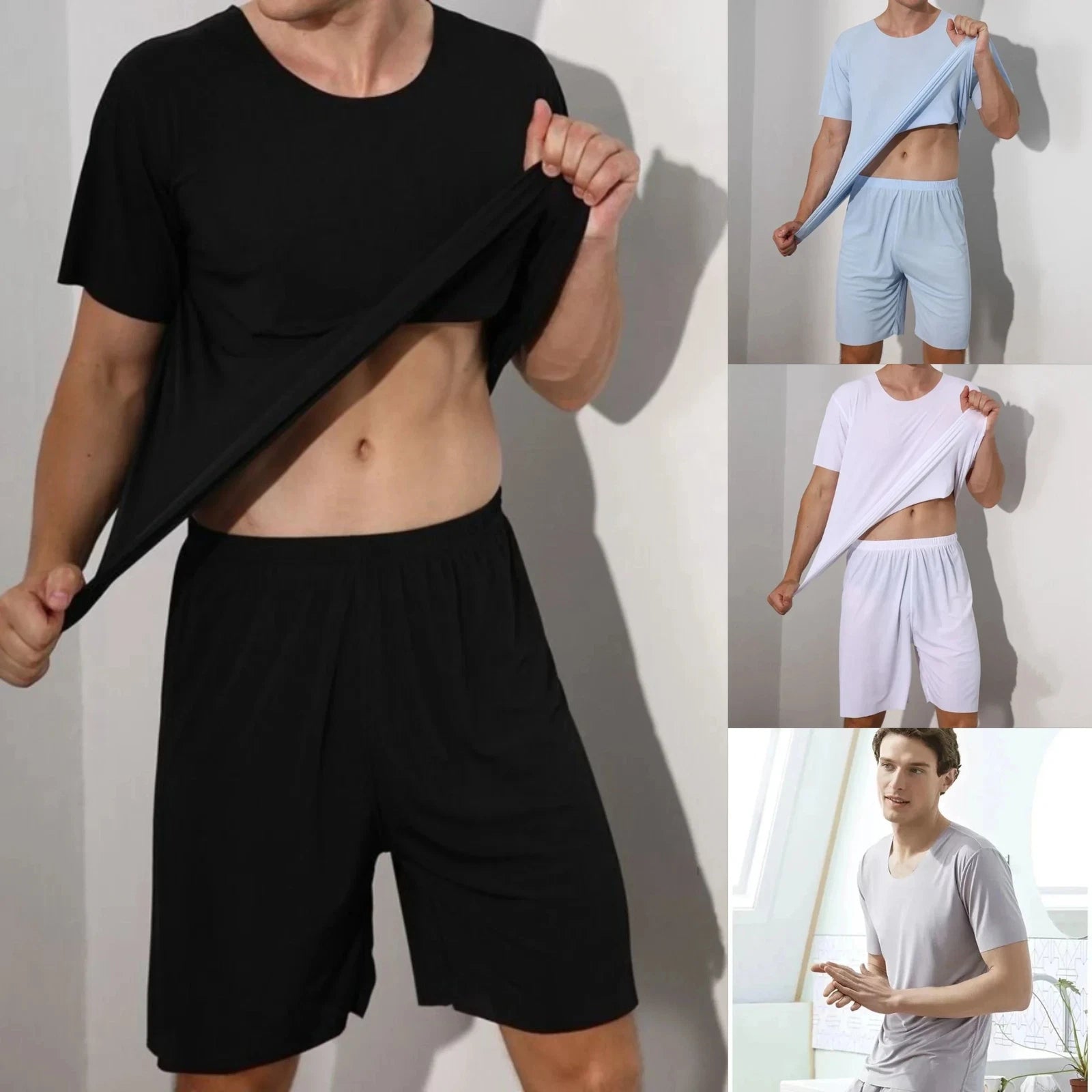 Men Two-piece Ice Silk Pajamas Loungewear Plus Size Home Set Summer Thin Modal