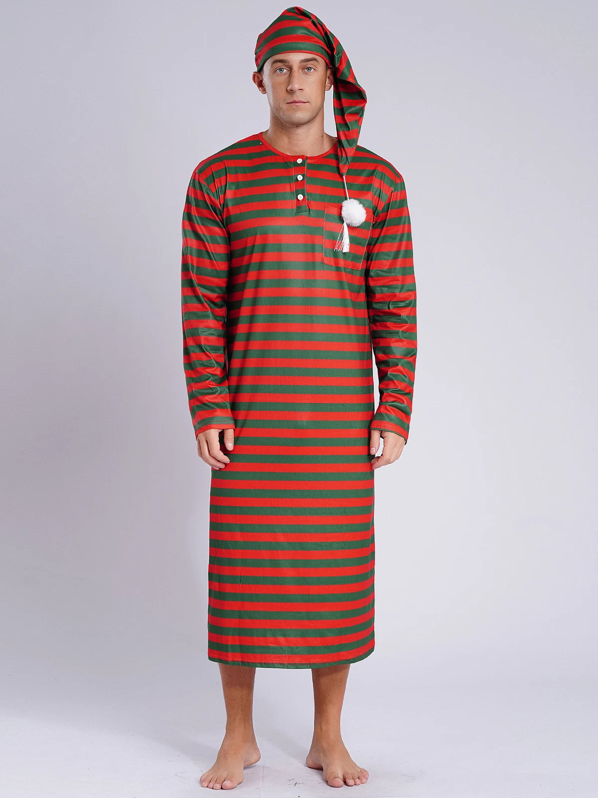 Men's Pajamas Set Long Sleeve Striped Robe Round Neck Loose Sleepwear with Hat