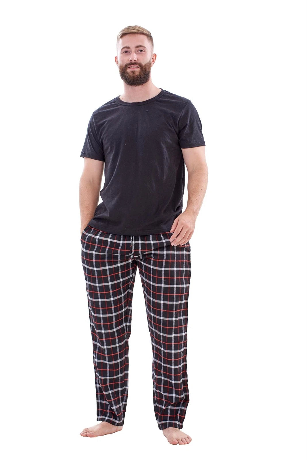 Mens Flannel Pyjama Set Brushed Cotton Check Jersey Top Loungewear Lightweight