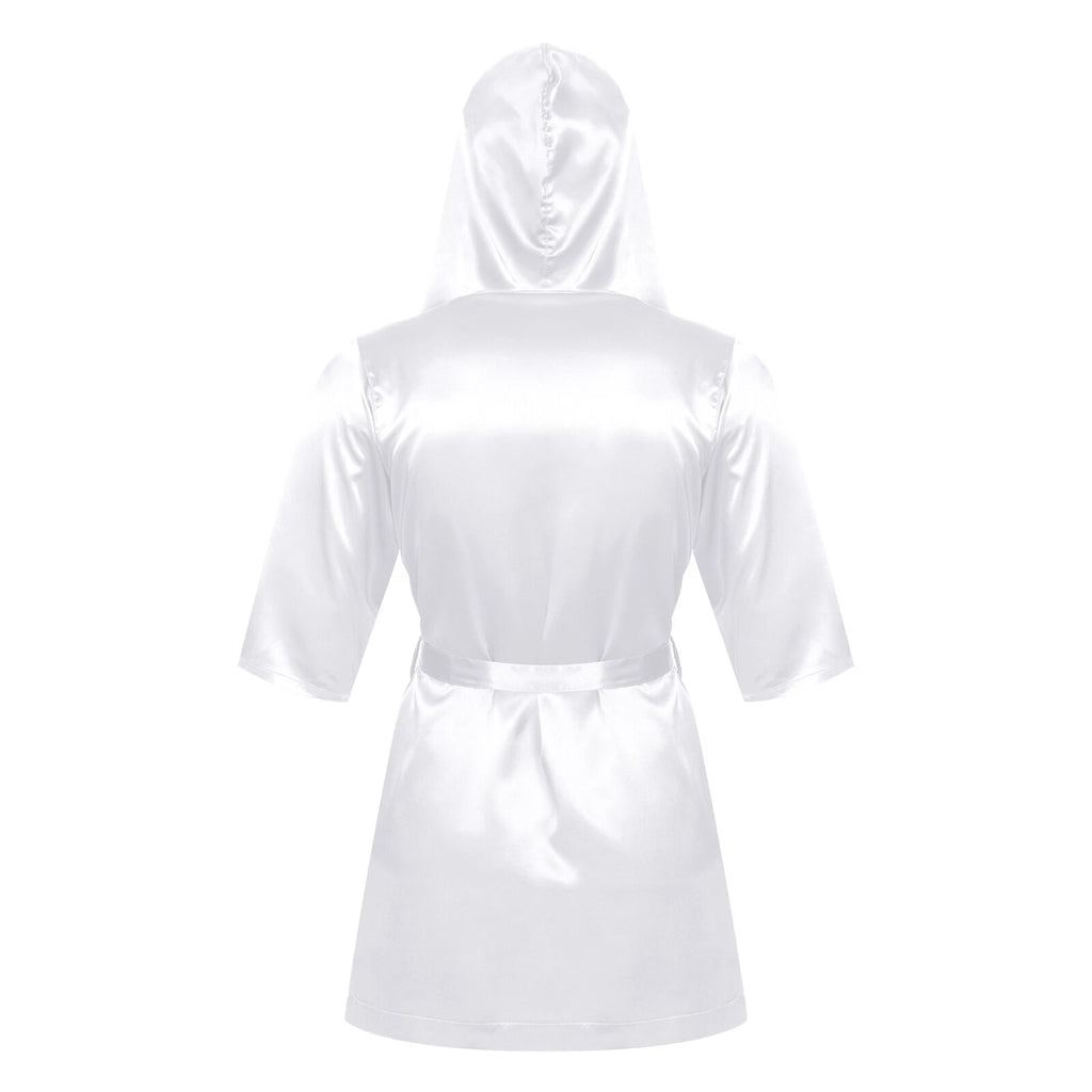 Men's Hooded Robe Set Silk Satin Night Gown Bathrobe Pajama Hot Pants Underwear