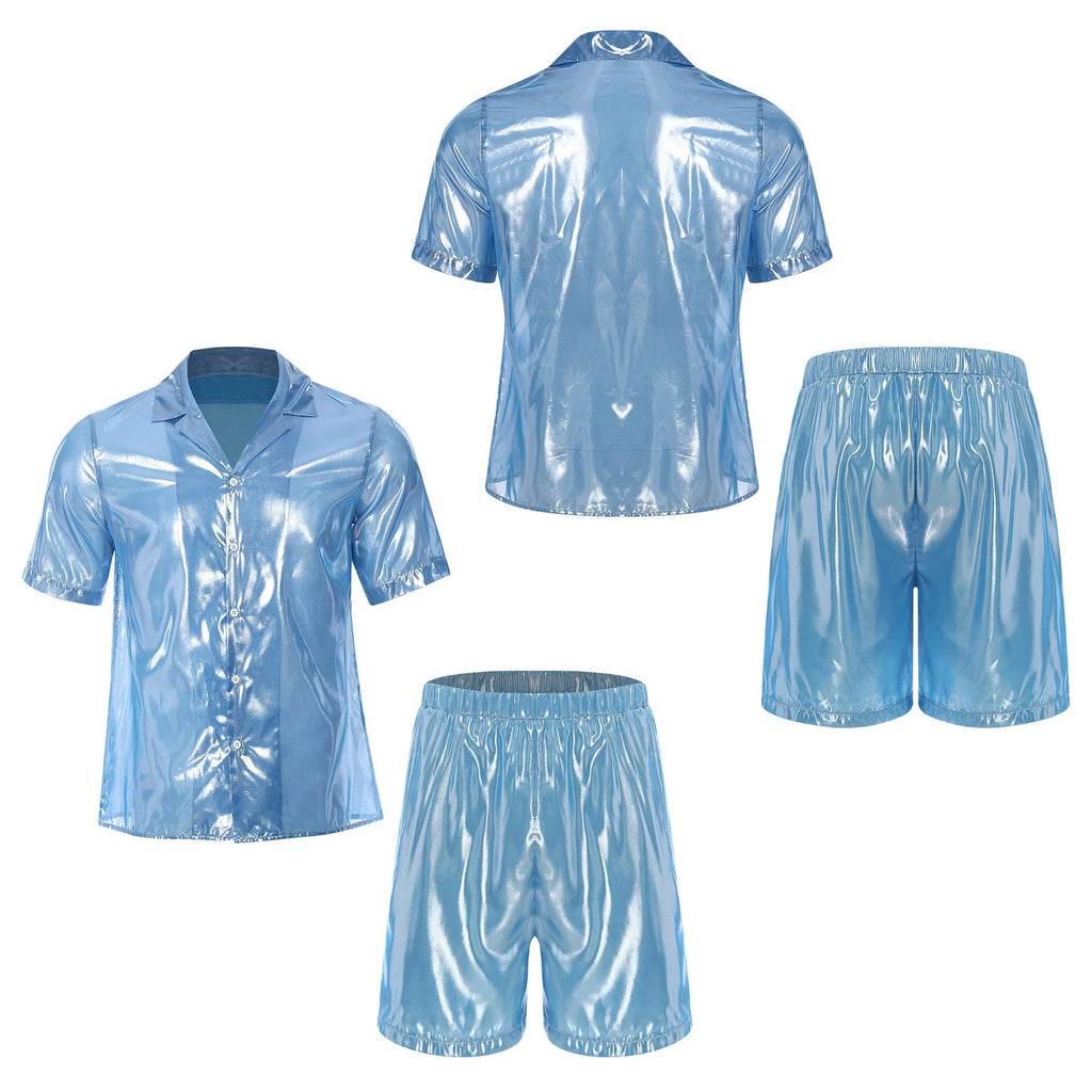 Men Shiny Glossy See-Through Metallic Chiffon Jumpsuit Bodysuit /Pajama Set