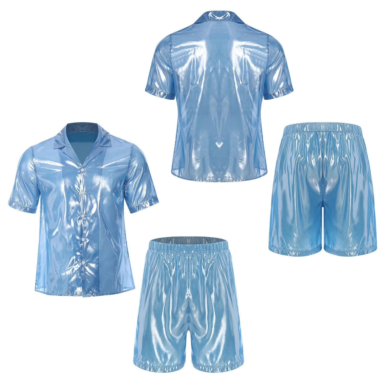 Men Shiny Glossy See-Through Metallic Chiffon Jumpsuit Bodysuit /Pajama Set