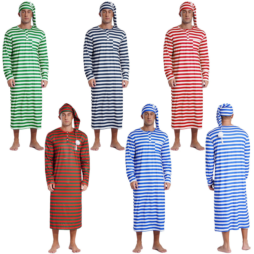 Men's Pajamas Set Long Sleeve Striped Robe Round Neck Loose Sleepwear with Hat
