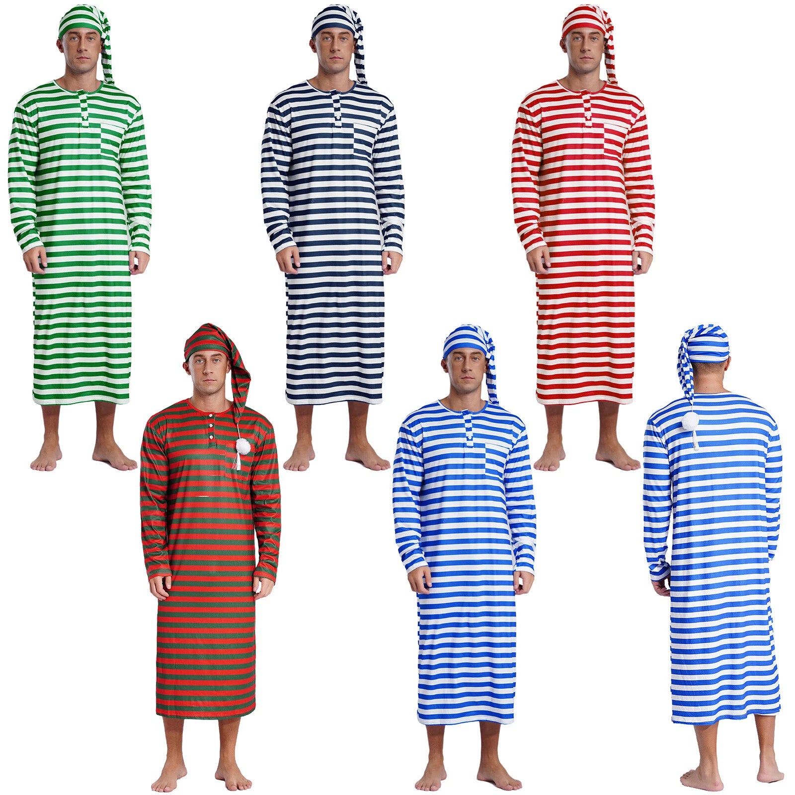 Men's Pajamas Set Long Sleeve Striped Robe Round Neck Loose Sleepwear with Hat