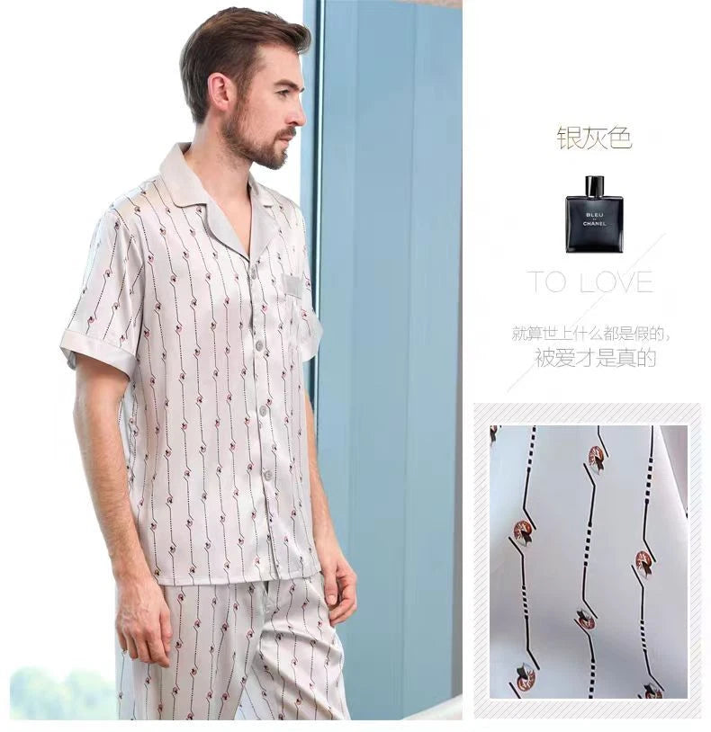 Men's Print 100% Mulberry Silk Pajamas Set Short Sleeves Silk Sleepwear S M L