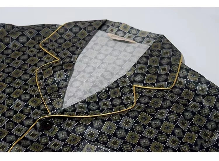 NEW Men's 19MM 100% Silk Pajamas Set Print Silk Sleepwear S M L XL