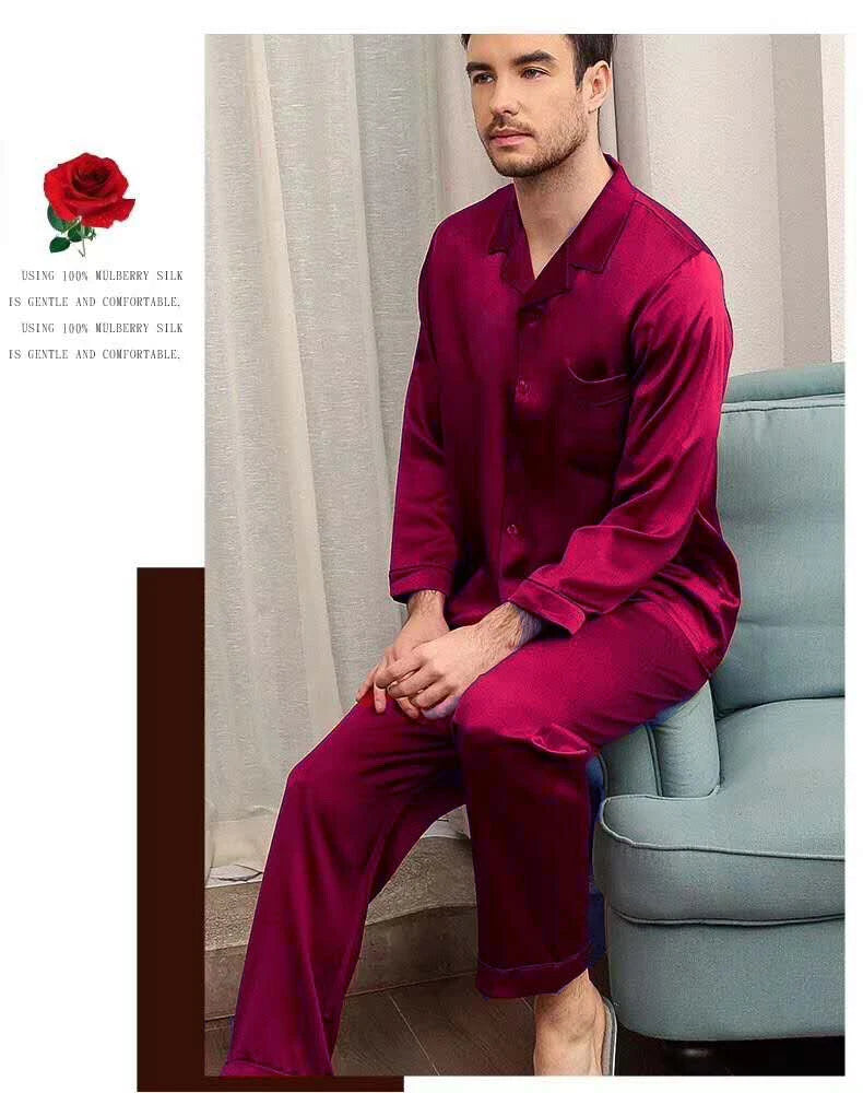 Men's 30MM 100% Pure Mulberry Silk Pajamas Set Long Sleeves Silk Sleepwear S~XXL