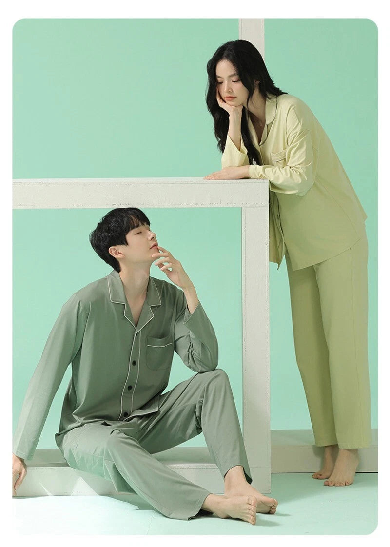 Men's Homewear Pajama Set Pure Color Soft Comfort Antibacterial Long Sleeve