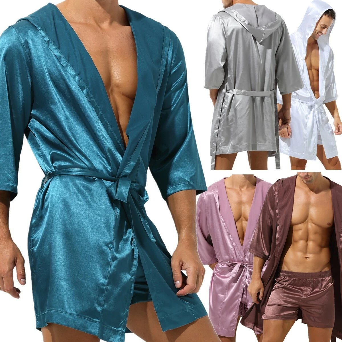 Mens Pajamas Set Night Sleep Robes Silk Satin Nightgown Bathrobe Shorts Homewear