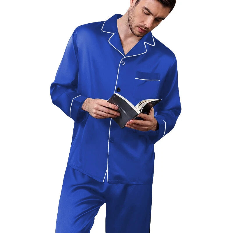 Mens Silk Satin Pajamas - PJ Set  - Blue White Piping '' 5 Day Delivery - USA ''