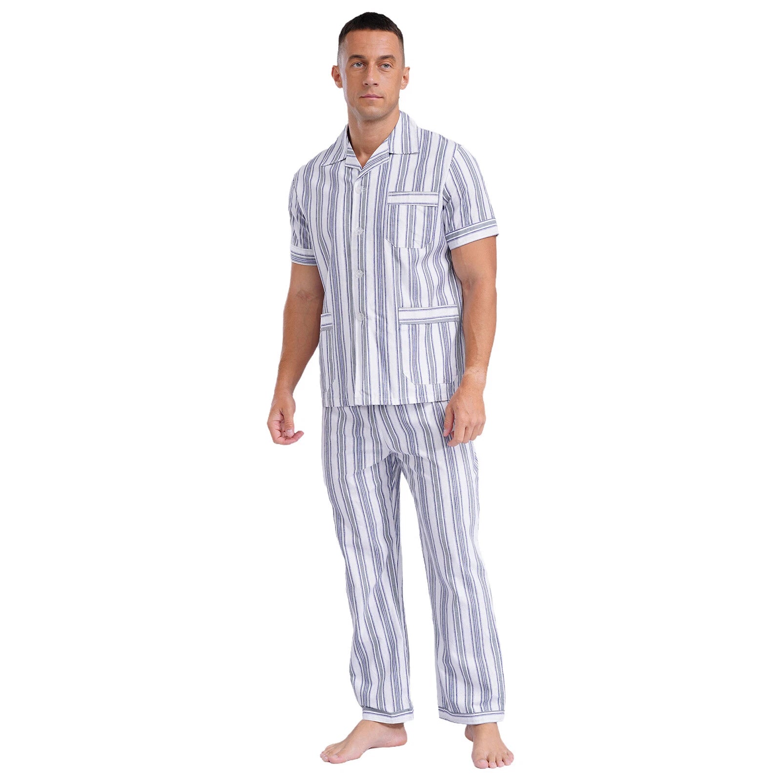Mens Homewear 2pcs Pajama Set Sleep Sleepwear Shirt Nightgown Button Down Suits