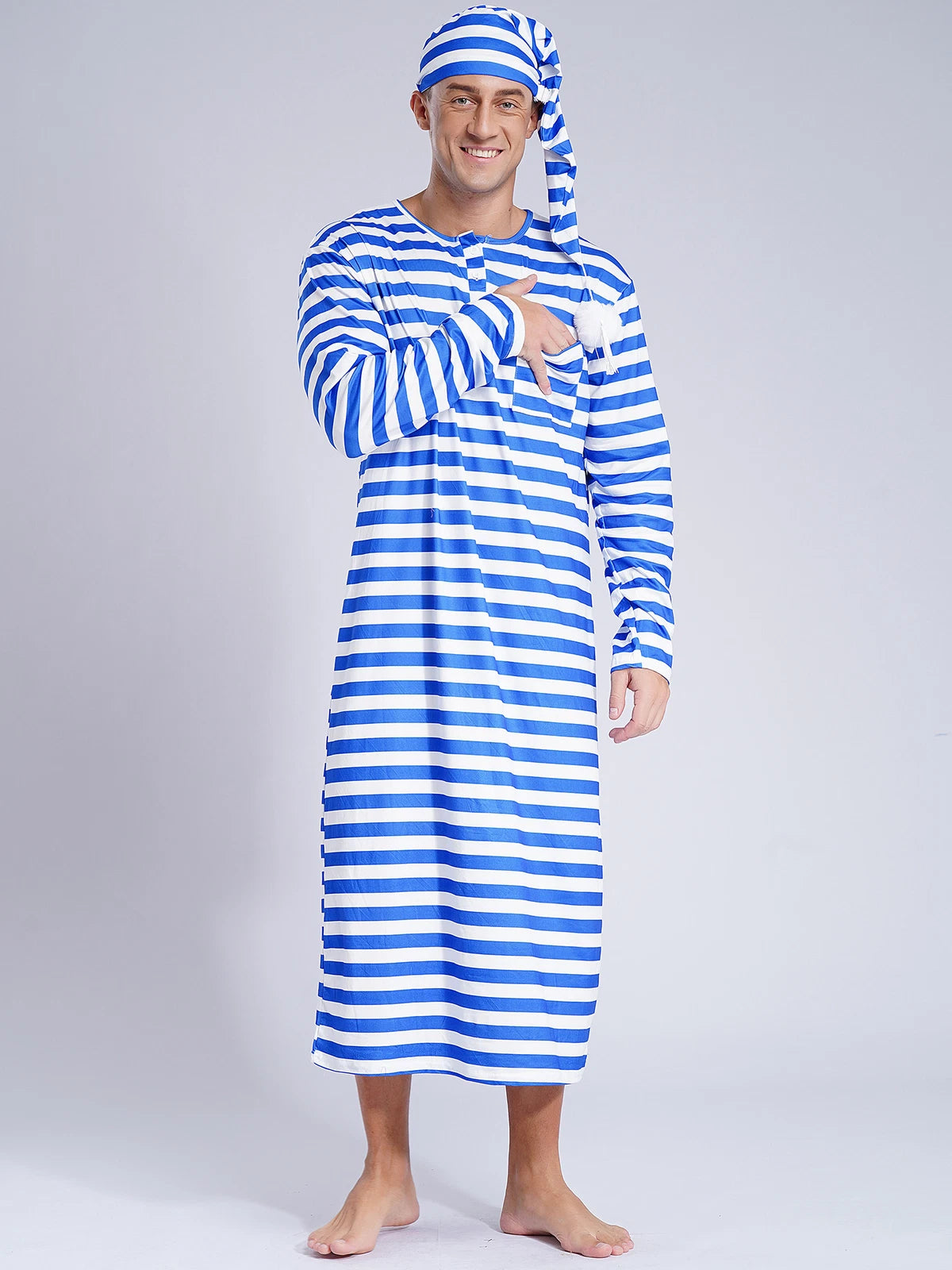 Men's Pajamas Set Long Sleeve Striped Robe Round Neck Loose Sleepwear with Hat