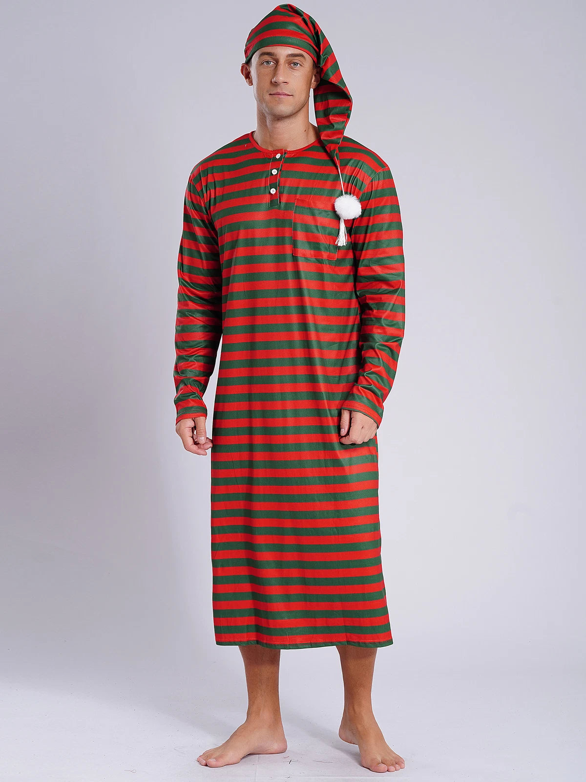 Men's Pajamas Set Long Sleeve Striped Robe Round Neck Loose Sleepwear with Hat