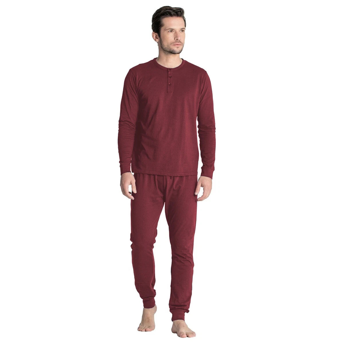 Mens Henley Tops Pyjamas Sets PJ's Nightwear Loungewear Button Up Long Sleeve