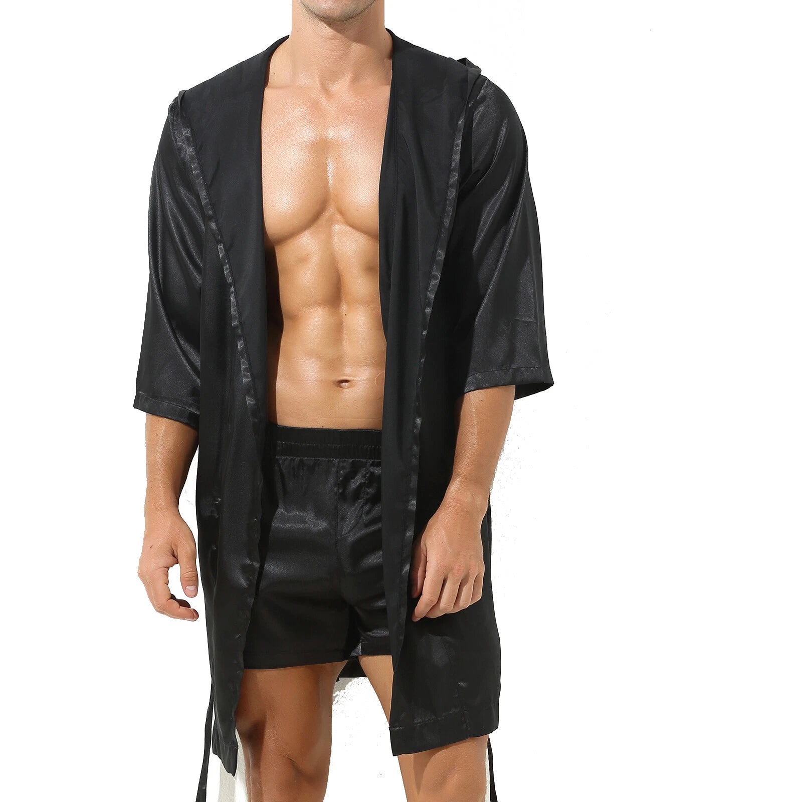 Men's Hooded Robe Set Silk Satin Night Gown Bathrobe Pajama Hot Pants Underwear
