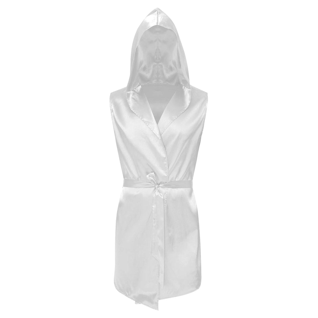 Men's Satiny Pajama Robe Set Sleeveless Silk Hooded Bathrobe with Belt Sleepwear