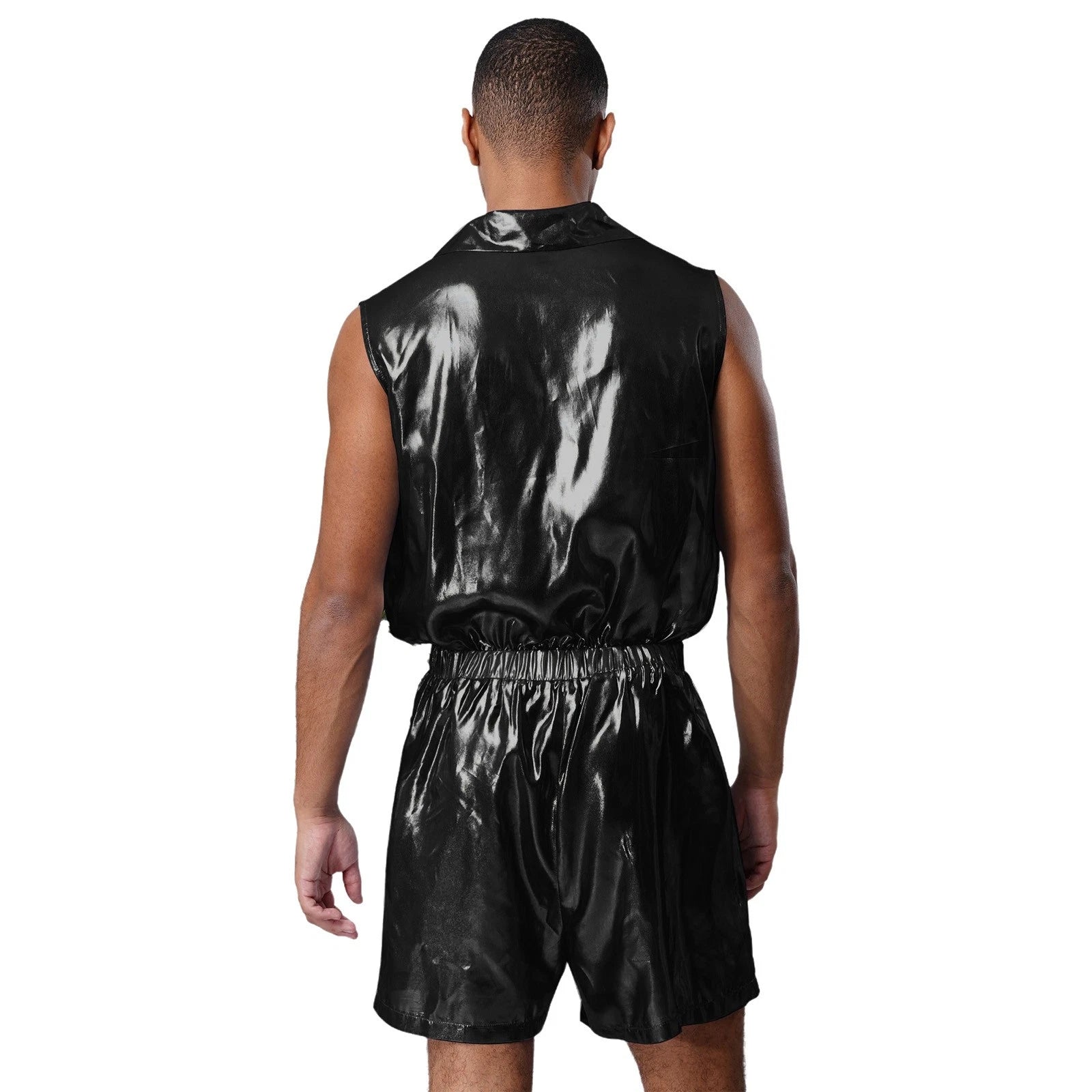 Men Shiny Glossy See-Through Metallic Chiffon Jumpsuit Bodysuit /Pajama Set